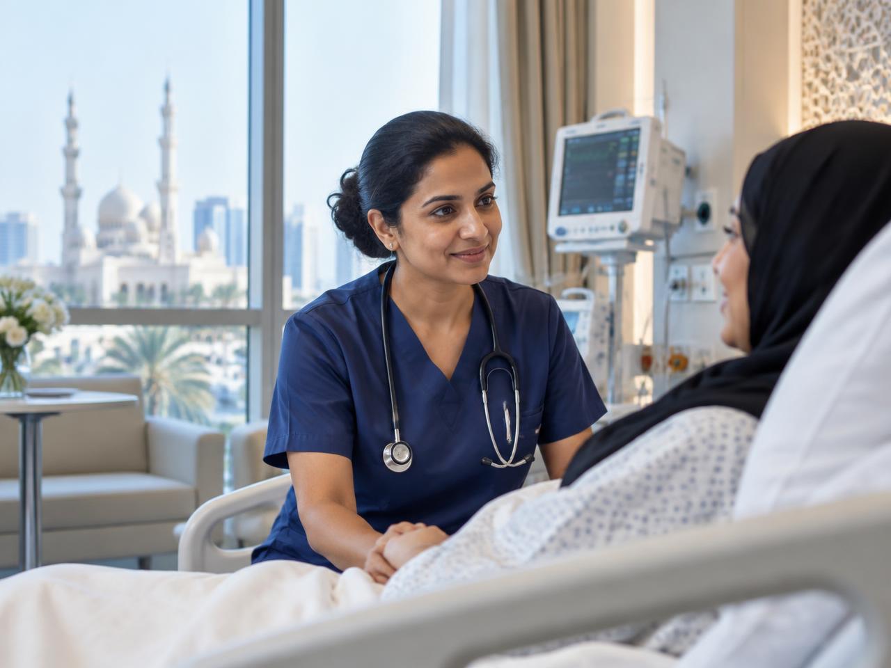 Internationally trained healthcare professional with a patient in a modern Sharjah medical facility
