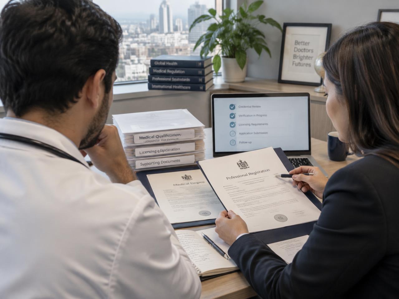 A healthcare professional and a licensing specialist reviewing qualification documents together