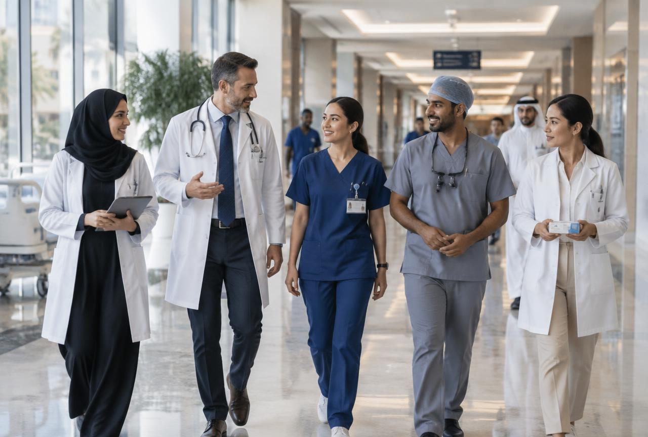 A doctor, dentist, nurse and allied health professional walking through a modern hospital corridor
